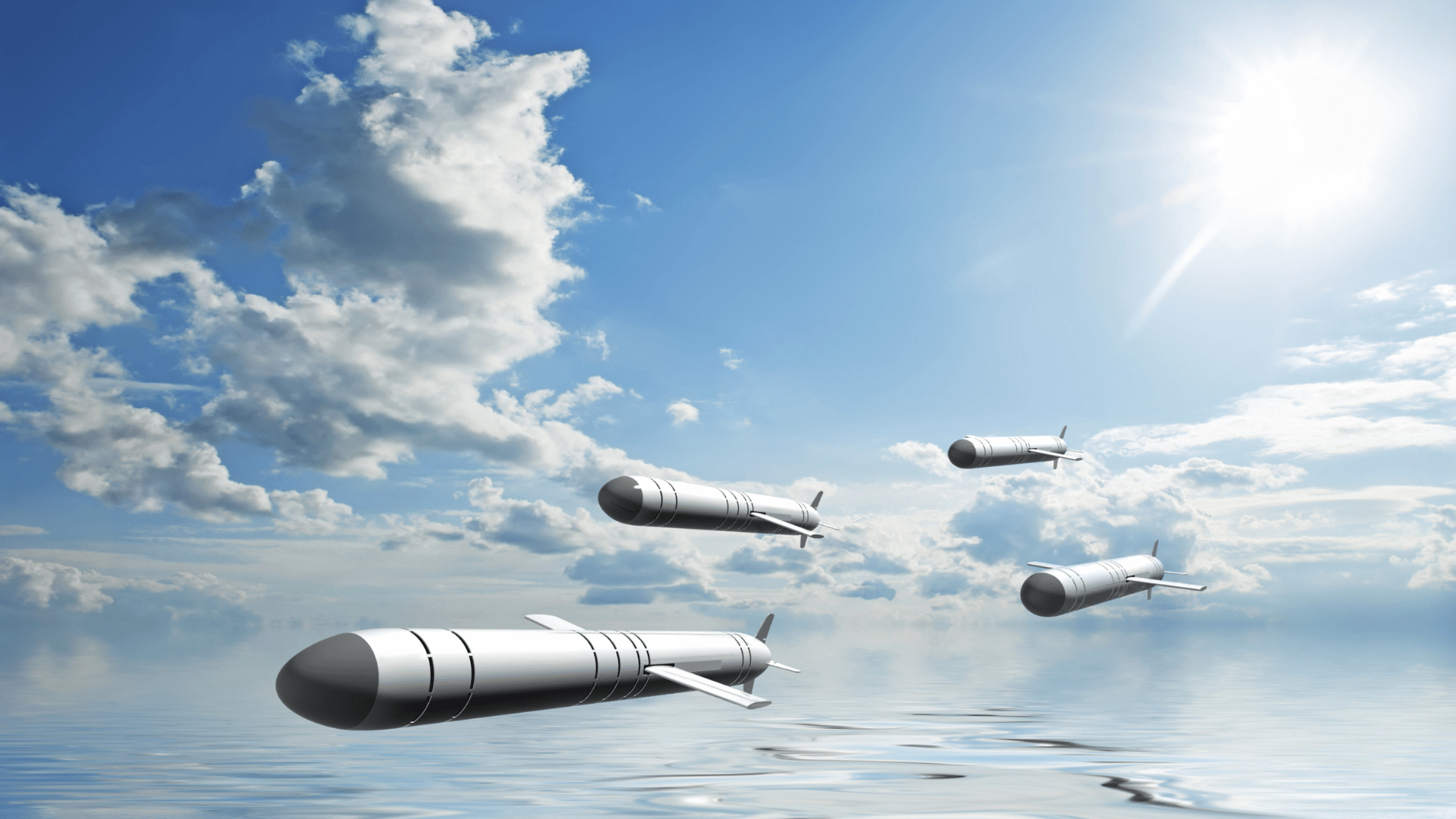 Illustration of missiles soaring above the water